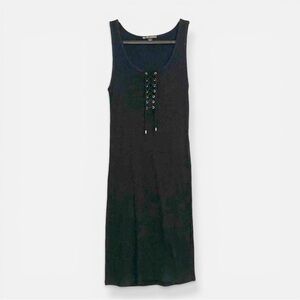 Black Ribbed Midi Dress Lace Up Front Sleeveless Fitted Minimalist